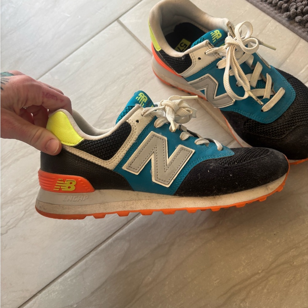New Balance womens 90 style 574 Sneakers in Blue, Black, and Orange